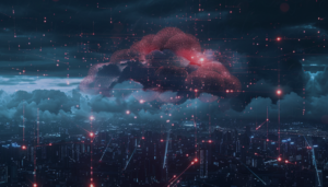 Illustration of a CCTV camera with a digital overlay, representing a DDoS attack. The background features a network of interconnected lines and nodes, symbolizing the internet and data flow. The image conveys the concept of cybersecurity threats targeting surveillance systems.