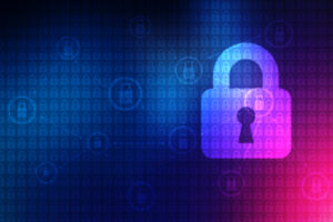 An abstract digital image representing the themes of cybersecurity and data protection, with futuristic elements