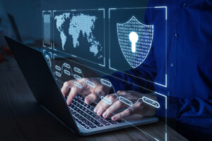 The image shows a person using a smartphone, overlaid with a digital security interface, representing mobile security and data protection