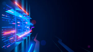 A close-up of hands typing on a laptop, overlaid with digital code, symbolizing the theme of cybersecurity and data protection