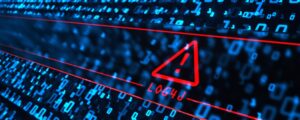 A graphic representation of the Log4j vulnerability, featuring a magnifying glass highlighting the term Log4j on a digital background with binary code and a warning symbol.