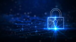 Cybersecurity concept with a lock and network connections