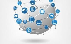 Illustration of IoT devices connected to a network, with a shield icon representing<span class=