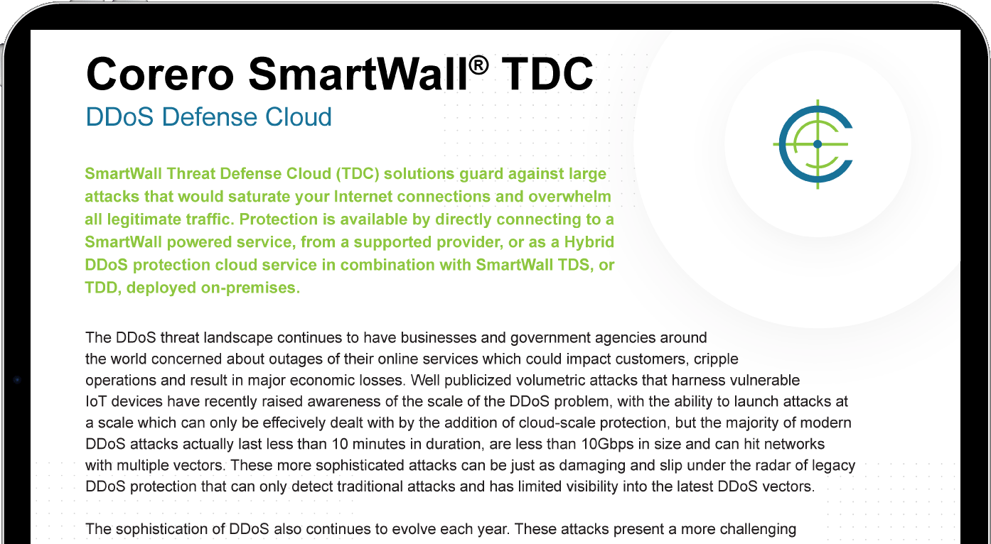 SmartWall TDS thumbnail image from Corero, showcasing a graphical representation of their cybersecurity solution.