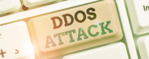 Illustration of a DDoS attack showing multiple devices overwhelming a server with traffic, causing disruption.