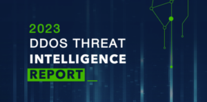 Cover page of the Corero DDoS Threat Intelligence Report 2023, featuring a dark background with a digital globe and network lines, highlighting the focus on cybersecurity and DDoS attack trends.