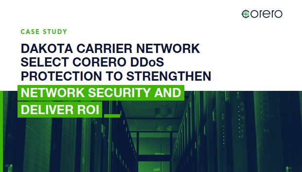 Thumbnail image for Corero's DCN case study, featuring a stylized graphic with interconnected lines and nodes, symbolizing network security and data protection. The background is a gradient of blue tones, and the Corero logo is prominently displayed.