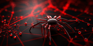 Illustration of a digital network with interconnected nodes, representing the Mirai botnet. The image features a dark background with bright, glowing lines and points, symbolizing the flow of data and the complexity of the botnet structure.