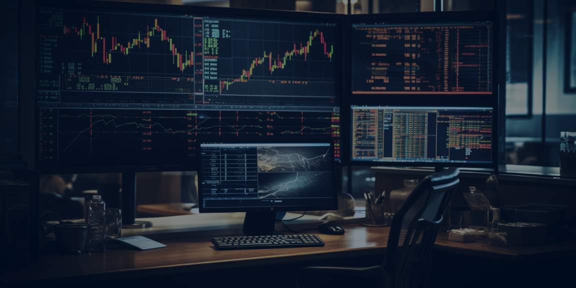 Analyst working at a trading desk with multiple computer monitors displaying financial data and charts, representing Corero's analyst reports.