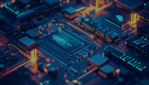 3D rendered computer circuit board with glowing data pathways and network connections, illustrating digital data flow through network infrastructure layers