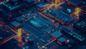 3D rendered computer circuit board with glowing data pathways and network connections, illustrating digital data flow through network infrastructure layers