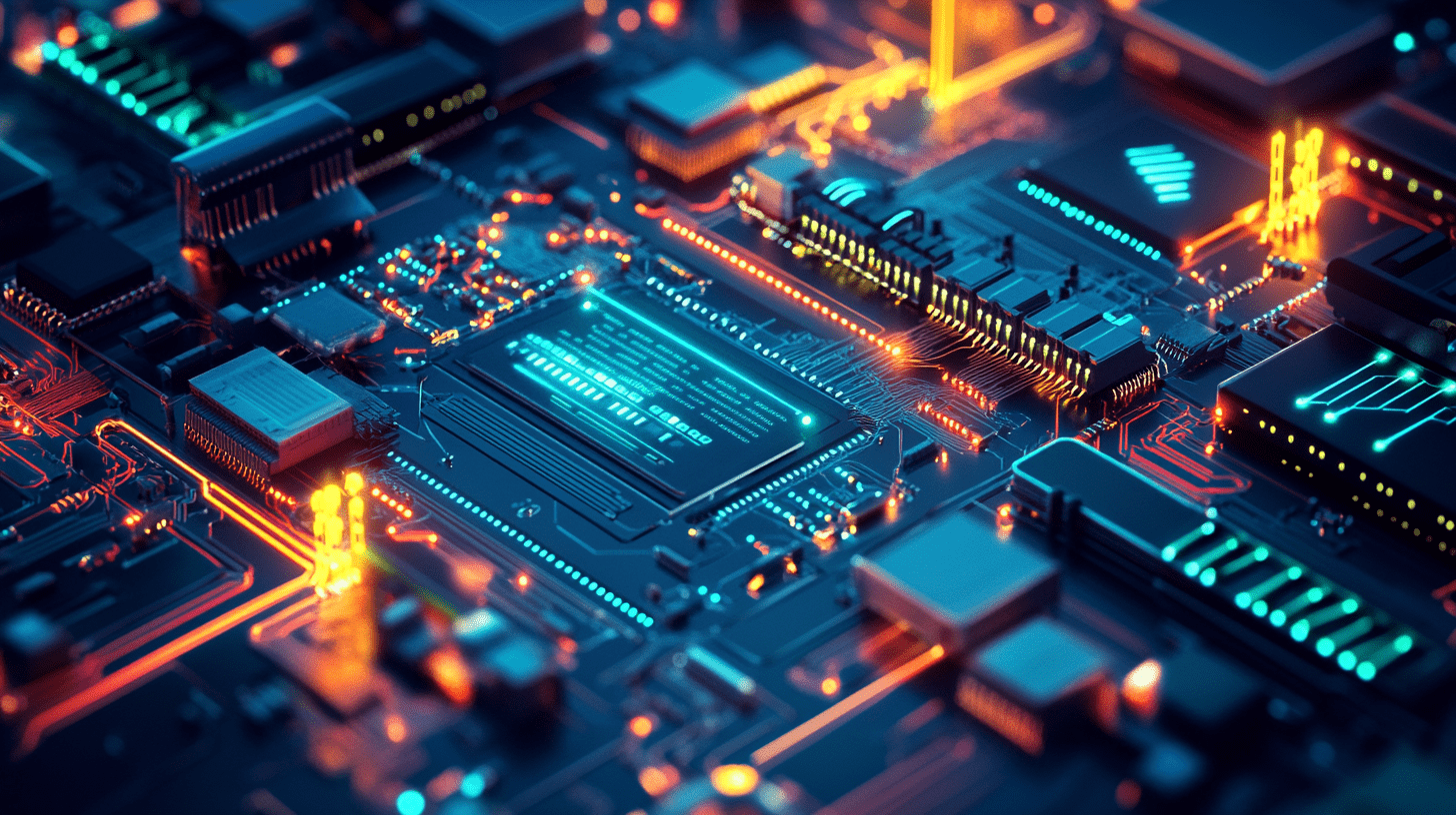 3D rendered computer circuit board with glowing data pathways and network connections, illustrating digital data flow through network infrastructure layers