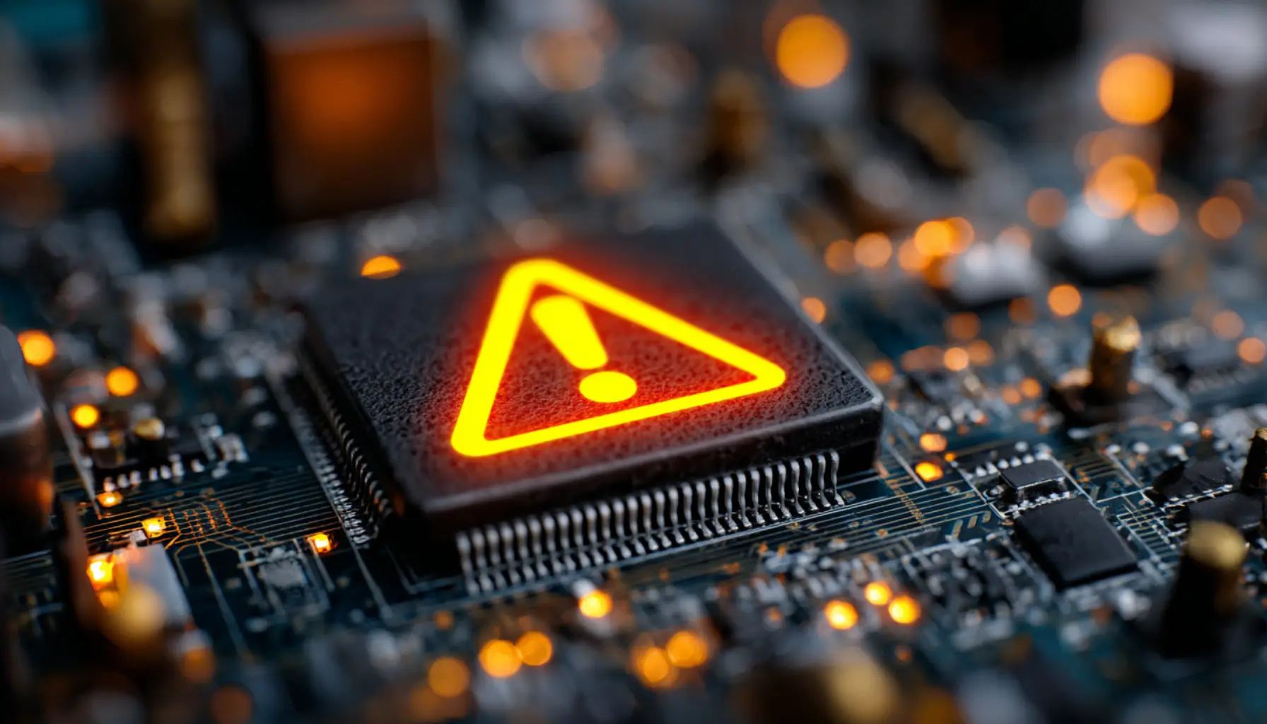 Computer processor chip with illuminated warning triangle symbol on circuit board, representing cybersecurity threats