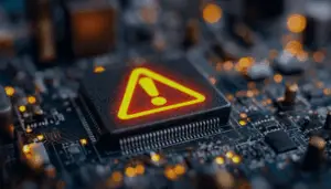 Computer processor chip with illuminated warning triangle symbol on circuit board, representing cybersecurity threats